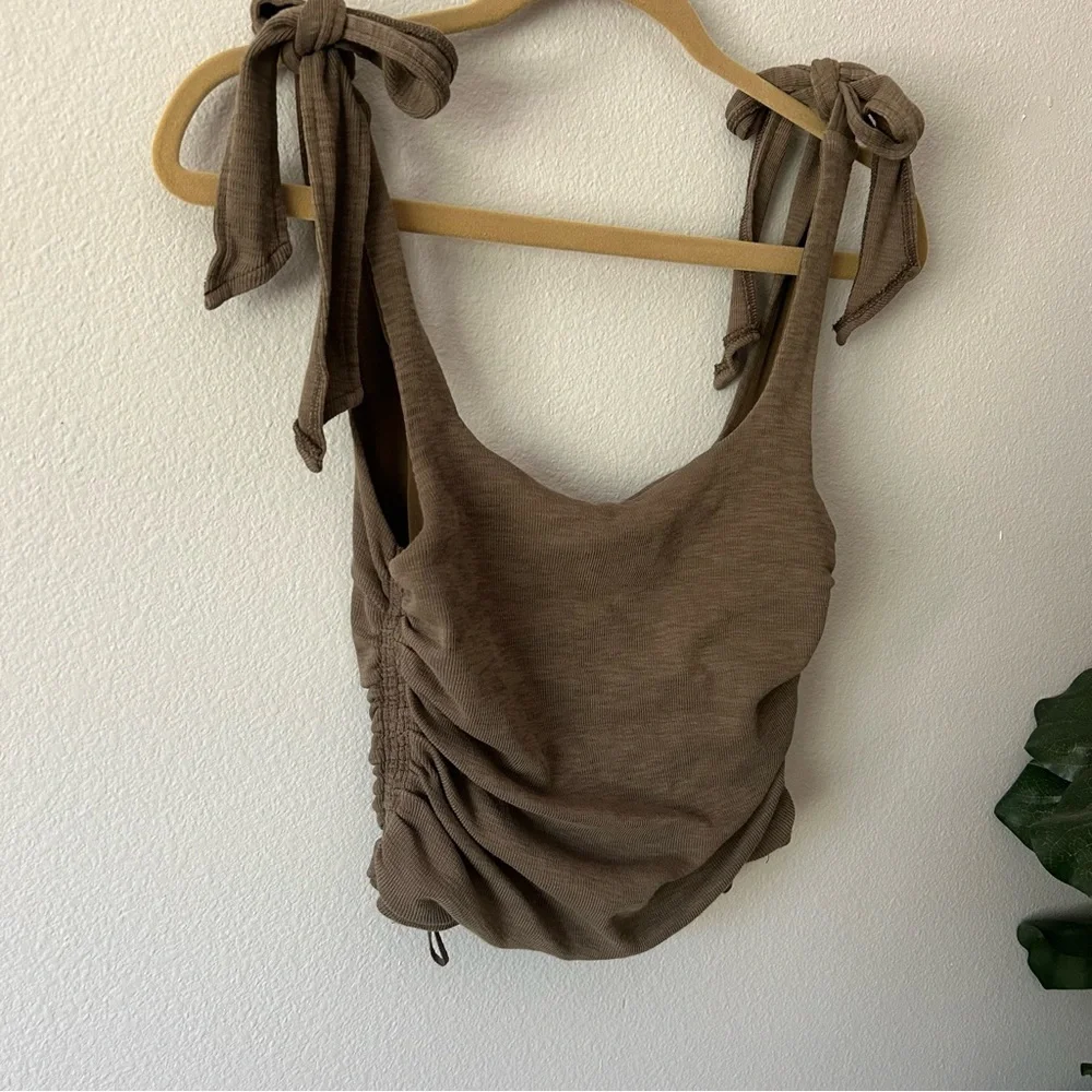 Free People Boulevard ruched cropped tie shoulder tank olive green